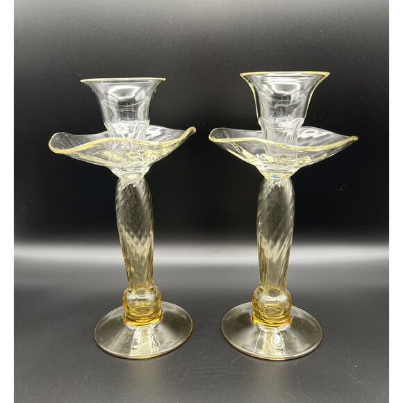 Venetian 9.5” Yellow Swirl Blown Art Glass Taper Candle Holder ~ Pair of 2